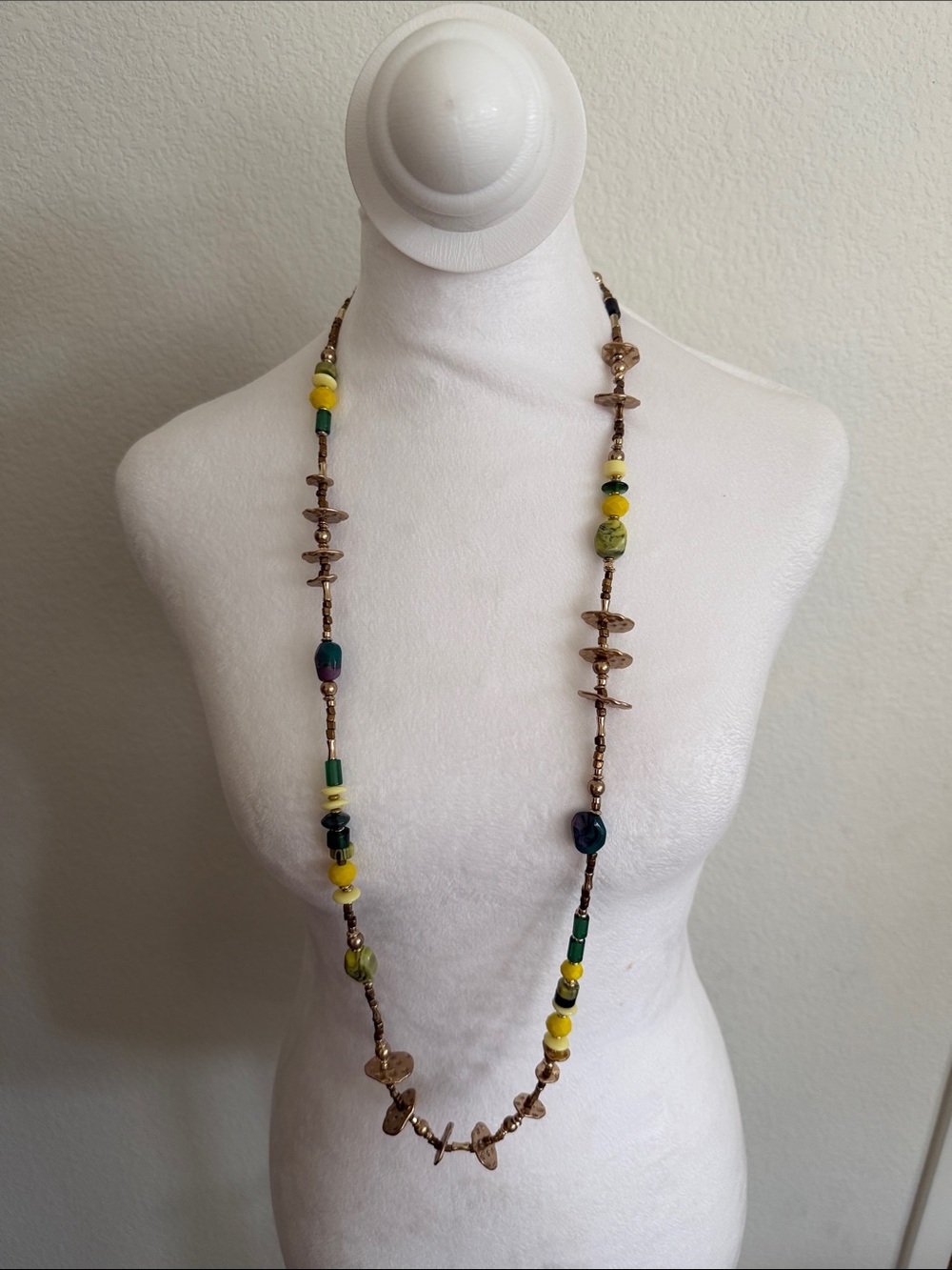 Long Beaded Necklace with Green and Yellow Accents